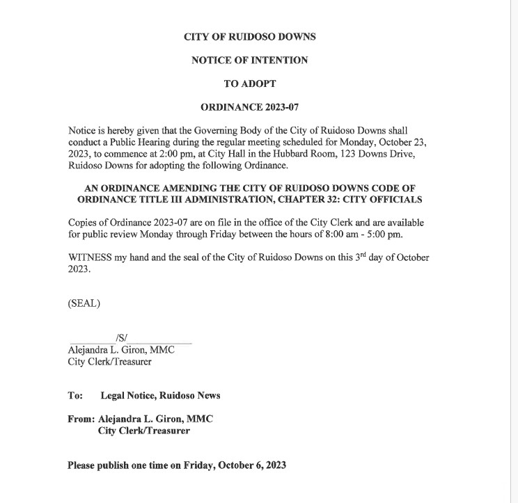 Notice of Intent Ord. 23-07